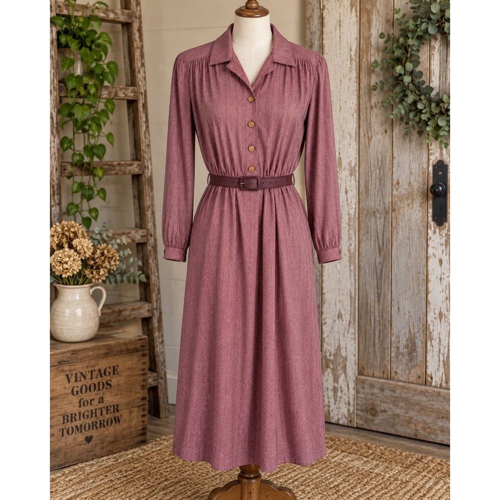 Vintage Henry Lee Union Made Shirt Dress Women's 20 Mauve Herringbone Belted USA